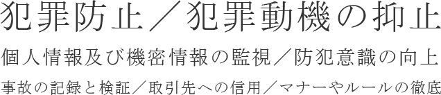 犯罪防止／犯罪動機の抑止／個人情報及び機密情報の監視／防犯意識の向上／事故の記録と検証／取引先への信用／マナーやルールの徹底